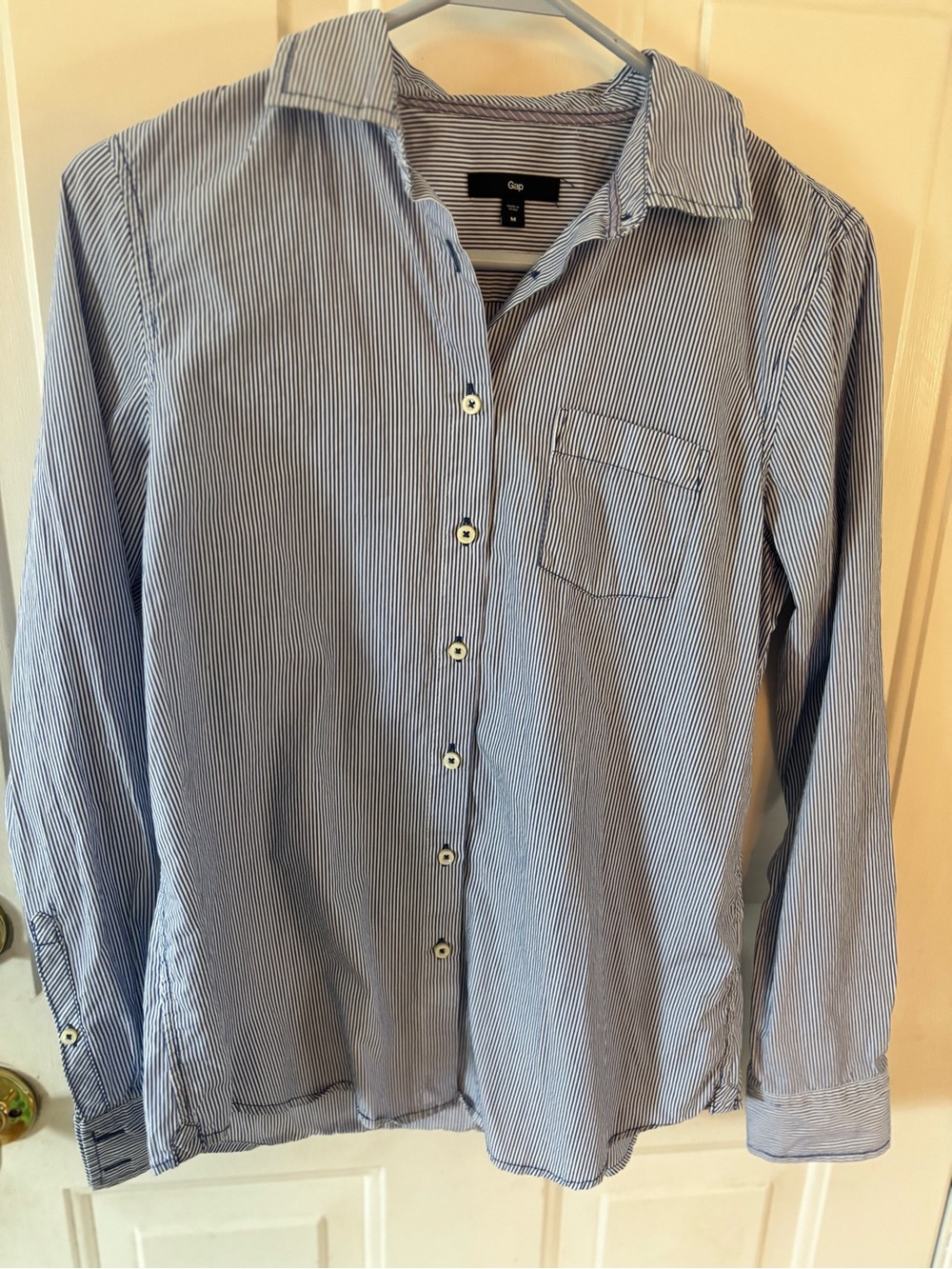 GAP Women’s Blue and White Pinstripe Button-Up Shirt